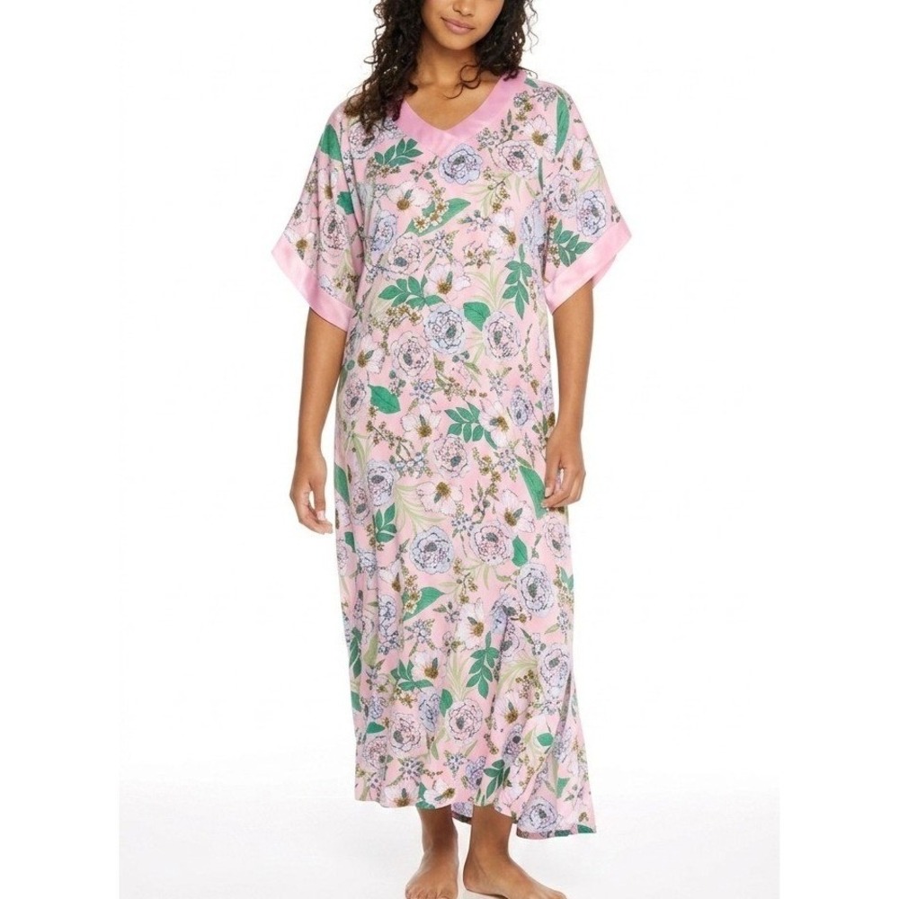 Karen Neuburger Lounge Caftan Nightgown Viscose Pink Petals Floral Coverup M